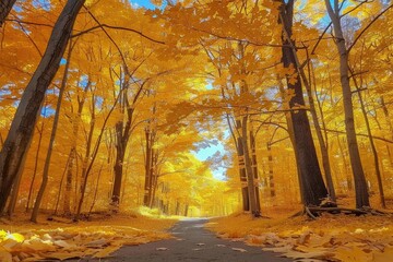 Poster - Serene autumn forest with vibrant yellow and orange foliage, sunlight filtering through the trees, creating a picturesque and peaceful pathway.
