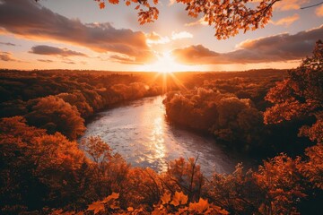 Poster - Stunning autumn sunset over a river with vibrant fall foliage, casting a warm glow on the landscape and creating a serene atmosphere.