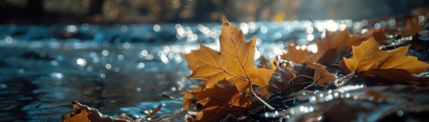 Poster - Golden autumn leaves on water, creating a serene and picturesque nature scene with gentle reflections under soft light.