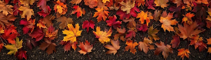 Poster - A vibrant array of autumn leaves in rich reds, oranges, and yellows spread across the ground, showcasing the beauty of fall foliage.