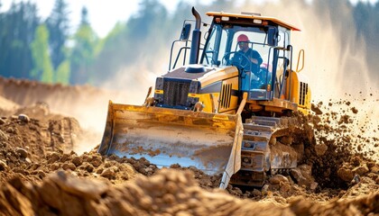 Earthmoving Bulldozer at Construction Site - Heavy Machinery Pushing Soil Pile for Excavation Work