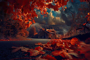 Poster - A serene autumn landscape with vibrant red leaves covering the ground, under a dramatic cloudy sky, surrounding a cozy cottage in the background.