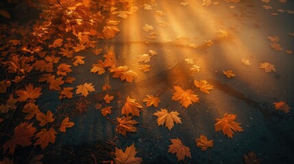 Poster - Sunlight filters through orange autumn leaves scattered on the ground, creating a warm and serene fall atmosphere.