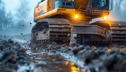 Rough Terrain: Close-up of Excavator Tracks in Mud - Illustrating the Gritty Realities of Construction Sites