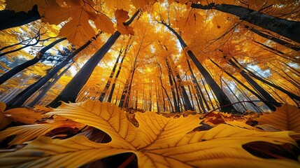 Poster - Vibrant autumn forest with golden leaves, towering trees, and blue sky creating a stunning natural scene perfect for fall imagery and nature enthusiasts.