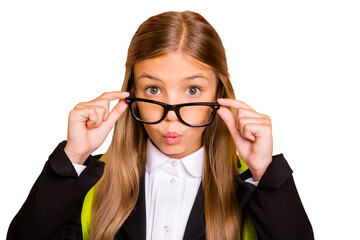 Sticker - Close up photo of astonished kid looking wear bag backpack rucksack isolated over yellow background