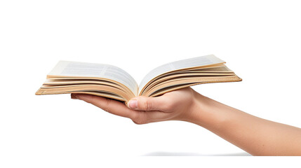 hand holding open vintage book page view from side isolated on white background