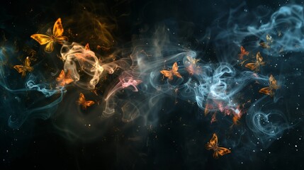 Wall Mural - Illuminating shinning glowing beautiful butterfly over dark background.