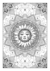 Wall Mural - Astrology coloring page mandala for adults, sun with ornaments line, vector illustration print, mystical drawing of horoscope, zodiac, esoterics. Meditative creative therapy.