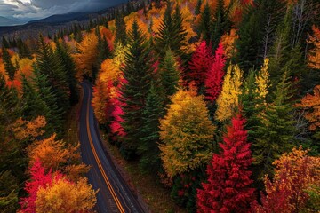 Poster - A scenic aerial view of a winding road through a dense forest in autumn, with vibrant red, orange, and yellow foliage.