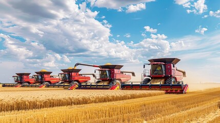 Combine harvester machine working in wheat field farm land.