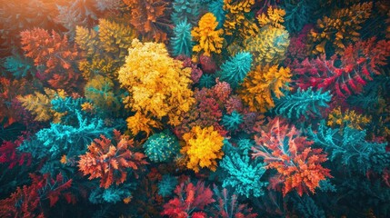 Poster - Vibrant autumn foliage captured in an overhead view, showcasing a mesmerizing array of orange, yellow, blue, and red leaves in a colorful forest setting.