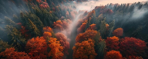 Poster - Aerial view of a misty autumn forest with vibrant red and orange foliage, showcasing the beauty of nature in fall.