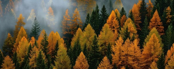 Wall Mural - Colorful autumn forest with misty fog creating a serene and tranquil atmosphere, featuring vibrant yellow and green trees.