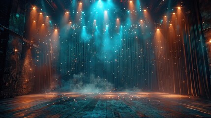 Wall Mural - An empty stage lit by spotlights with stars and smoke