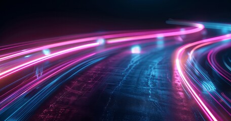 Abstract background with neon light lines in the shape of a speed road on a black backdrop. Glowing fast moving lights and glowing streaks