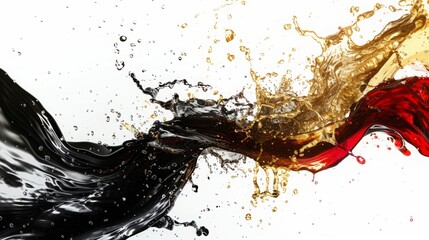 black red gold water splash isolate white background, 16:9