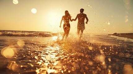 Wall Mural - A lovely couple walking on sandy beach with sea water at sunset