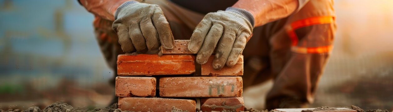 Precision in Progress: Bricklayer Preparing to Lay Bricks with Care and Skill