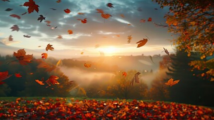 Poster - Beautiful autumn landscape with colorful falling leaves, fog, and a stunning sunset creating a magical seasonal atmosphere.