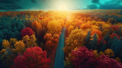 Poster - Stunning aerial view of a winding road through a vibrant autumn forest at sunset, showcasing the brilliant colors of fall foliage.