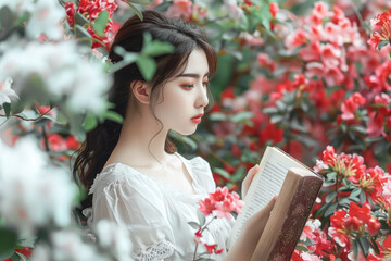 Wall Mural - a beautiful girl reading book in the flower garden