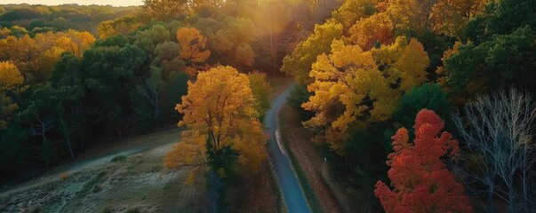 Wall Mural - Aerial view of winding road through forest with vibrant autumn colors at sunset, showcasing nature's beauty and seasonal change.