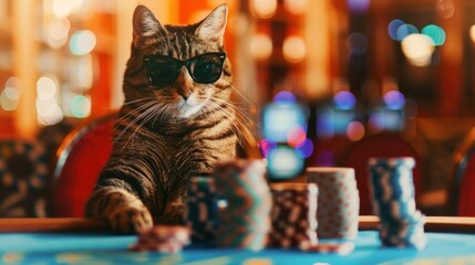 cat gambler in sunglasses sitting in casino