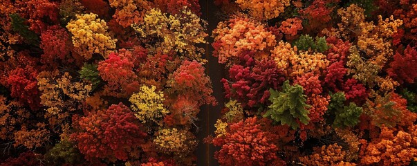 Poster - Aerial view of vibrant autumn trees with stunning red, yellow, and orange foliage in a dense forest setting.