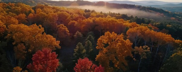 Aufkleber - Aerial view of picturesque autumn landscape with colorful trees and misty hills in the background during sunrise.