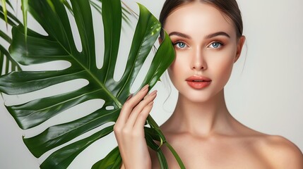 Beautiful woman with perfect  skin and natural makeup holding tropical   leaves : Generative AI