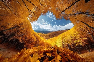 Aufkleber - A stunning autumn landscape with vibrant yellow foliage, a bright blue sky, and a view framed by golden tree branches.