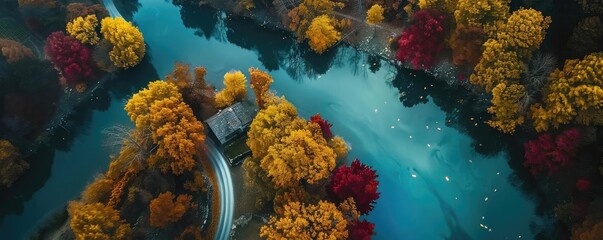 Poster - Aerial view of a winding river through vibrant autumn foliage, showcasing colorful leaves and serene blue waters in a picturesque landscape.