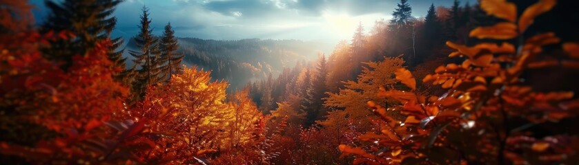 Poster - Stunning autumn landscape with vibrant red and orange foliage in a forest under a dramatic sky with sunbeams shining through.
