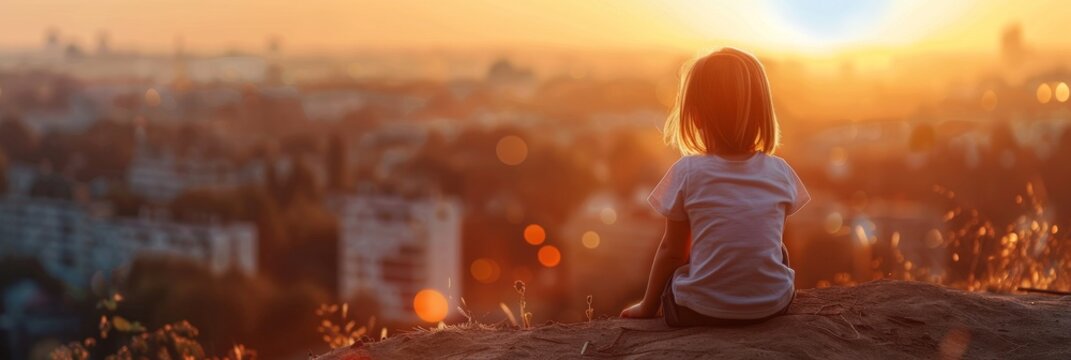 Lonely Child Looks at the City from Hill, Sad Small Girl at Sunset, Blurred Background, Copy Space