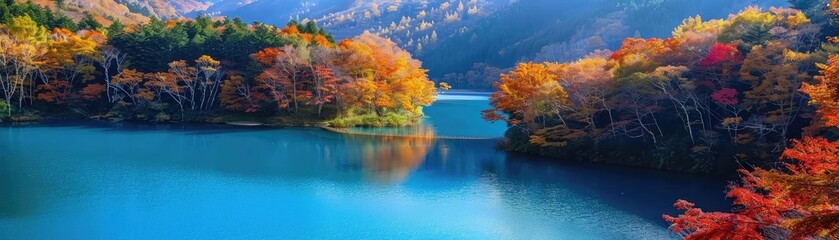 Poster - Tranquil autumn landscape featuring a serene lake surrounded by vibrant fall foliage, with mountains in the background under clear blue skies.