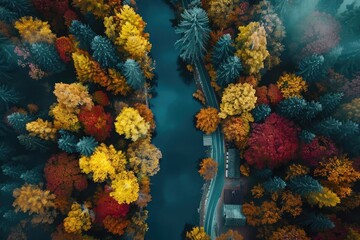 Poster - Aerial view of a winding road through a vibrant autumn forest with colorful foliage and a serene river running through. Nature's beauty in fall.