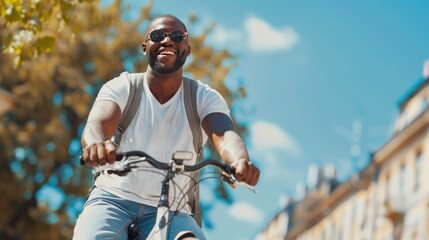 Happy black guy in sunglasses riding a bike