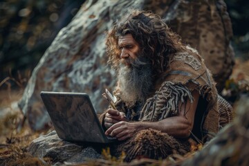 Ancient Stone Age Programmer, Prehistoric Programming, Neanderthal Man Working