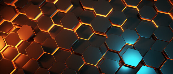 Poster - Abstract Hexagonal Pattern with Glowing Orange and Blue Lights