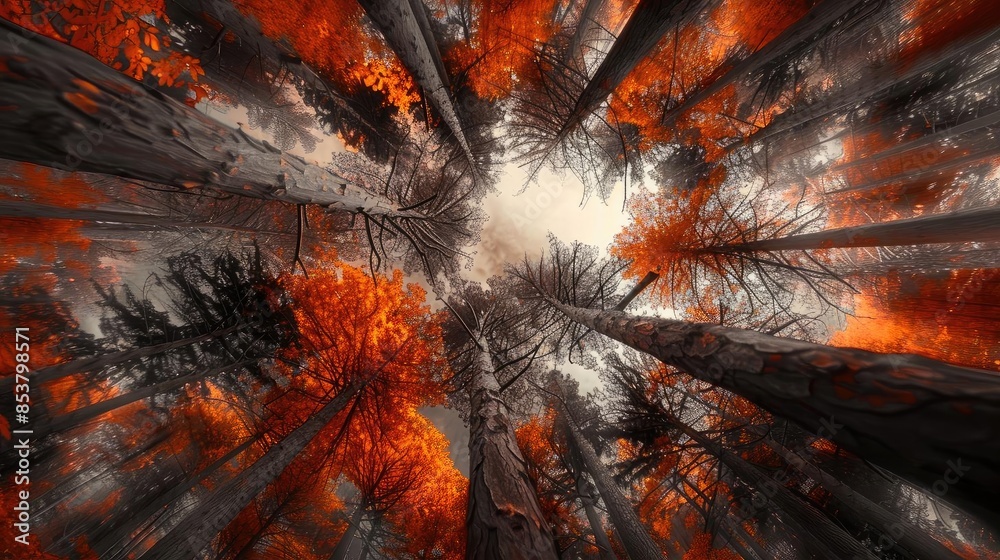 Stunning view of a forest looking up at tall trees with bright red ...