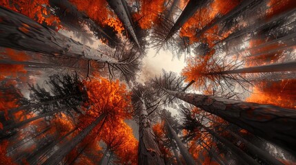 Poster - Stunning view of a forest looking up at tall trees with bright red leaves and a dramatic sky, creating a surreal and captivating autumn scene.