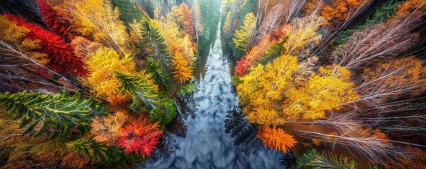 Poster - Aerial view of a vibrant autumn forest with a stream flowing through, showcasing colorful foliage in reds, yellows, and greens.
