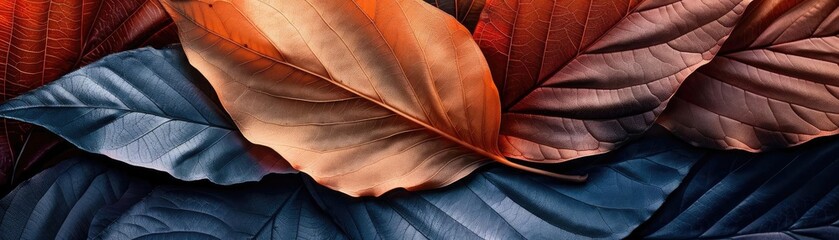 Poster - Abstract image of vibrant red, orange, and blue leaves in a close-up view showing texture and color contrasts.