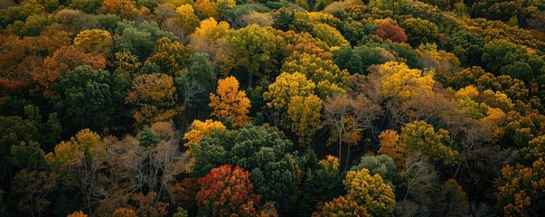 Aufkleber - A stunning aerial view of a dense forest showcasing an array of vibrant autumn colors in the leaves, offering a picturesque display of nature.