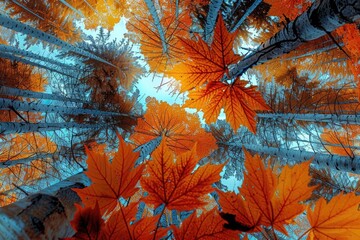 Poster - Vibrant autumn leaves with an upward view of tall trees, capturing the essence of fall foliage in a beautifully colorful forest scene.