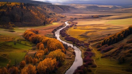 Wall Mural - Aerial view of a meandering river through a picturesque autumn landscape with colorful trees and expansive fields.