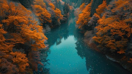 Poster - A serene river flows through a vibrant forest adorned in autumn colors, reflecting the tranquil beauty of nature in fall.