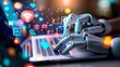 © Jojo - A robot typing on a laptop displaying AI-generated social media content, surrounded by colorful icons.