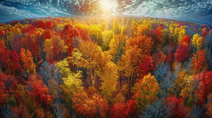 Poster - A stunning aerial view of a colorful autumn forest with vibrant red, yellow, and orange foliage under a dramatic sky at sunset.